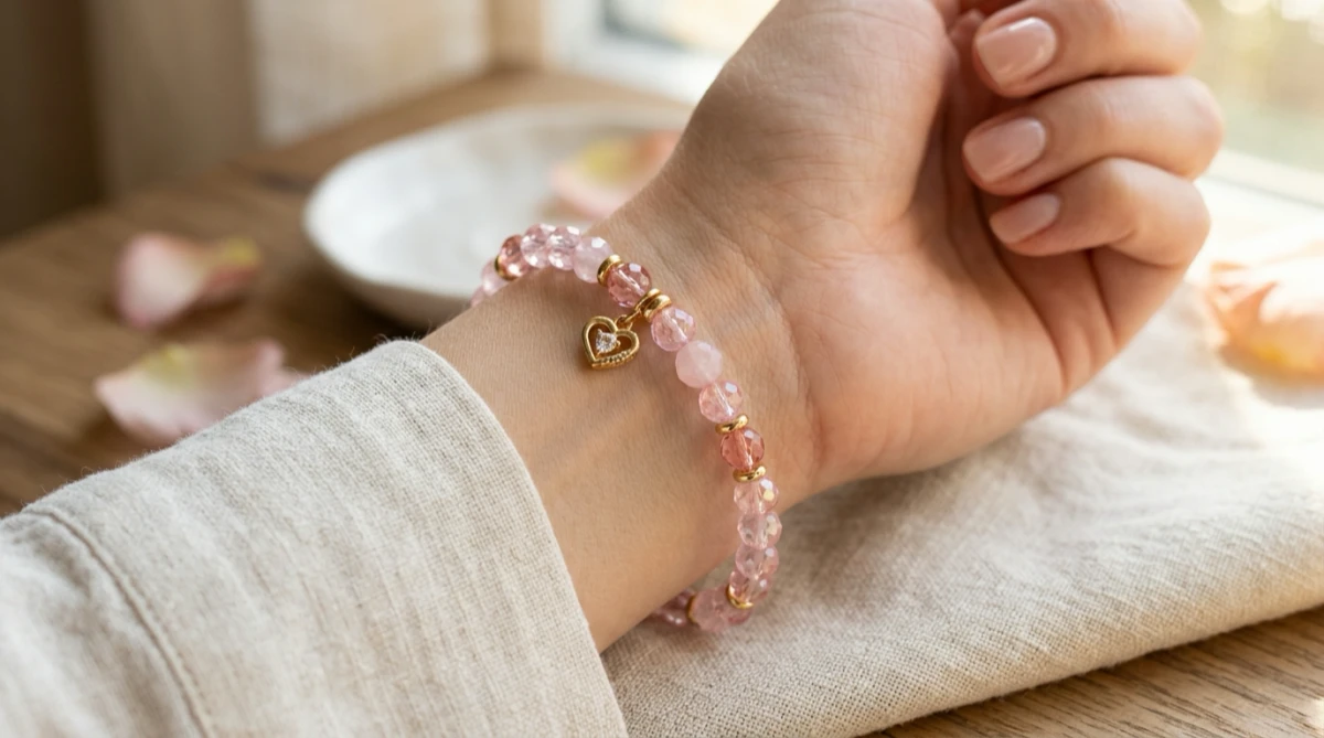 Minimalist rose quartz self compassion bracelet worn on a wrist, featuring faceted pink crystal beads, gold spacers, and a delicate heart-shaped dangling charm with a crystal center.